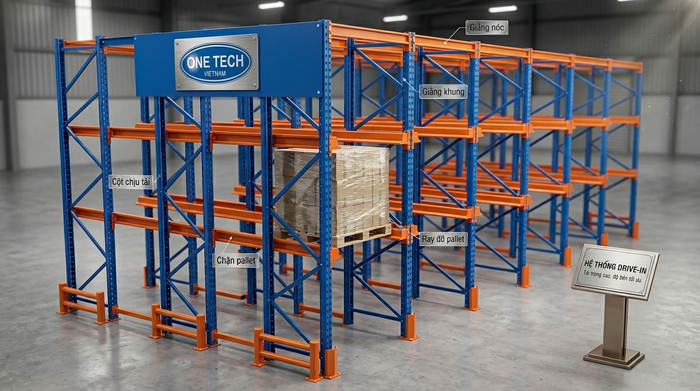Cấu tạo kệ drive-in thực tế Cấu tạo kệ drive-in gồm khung chân trụ, tay đỡ, ray đỡ pallet và giằng liên kết