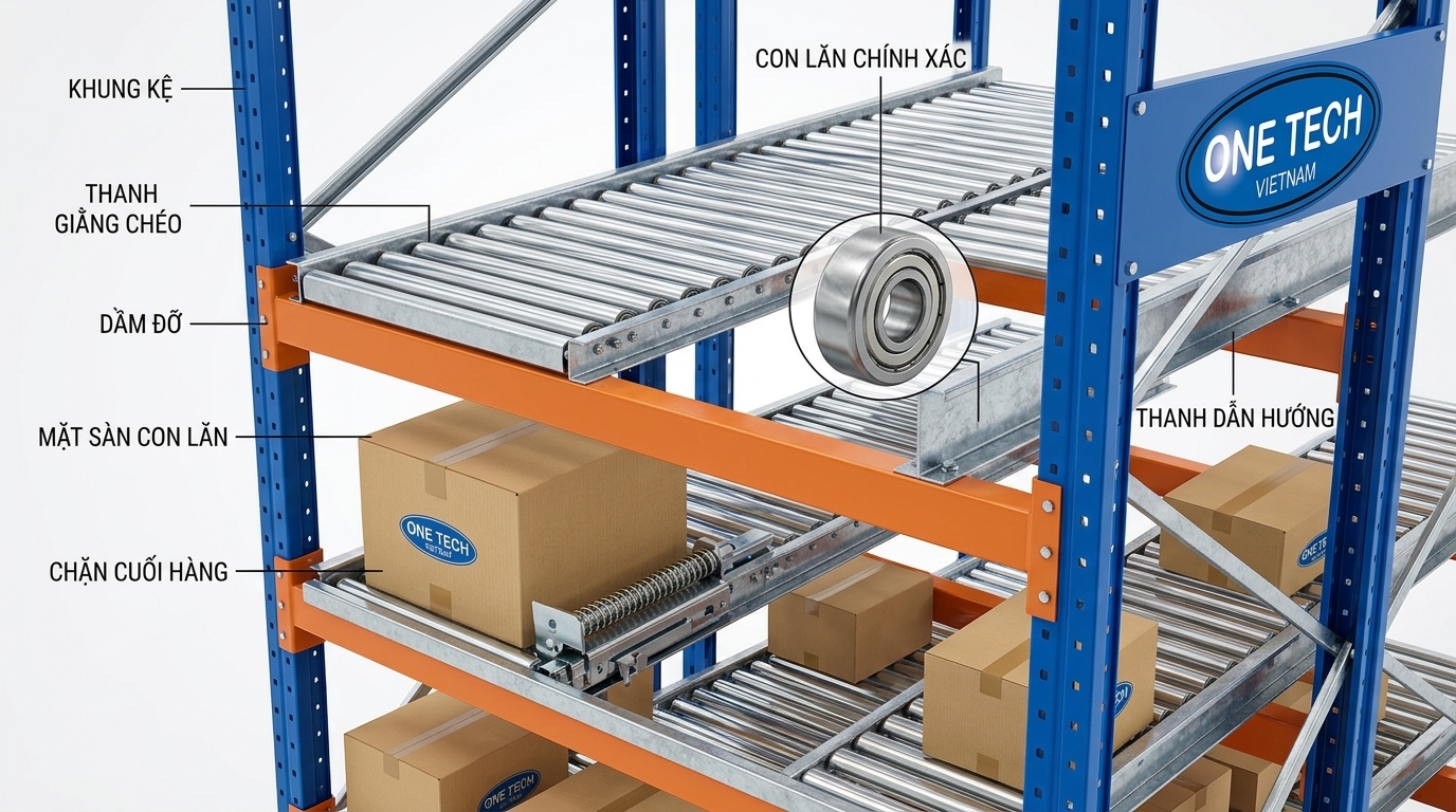 Cấu tạo kệ flowrack gồm khung kệ, beam, con lăn, dẫn hướng và chặn cuối