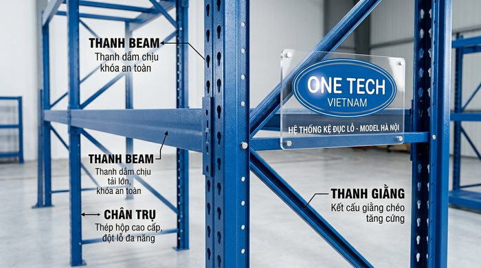 Cấu tạo kệ pallet thép lỗ Hà Nội gồm chân trụ thanh beam và giằng