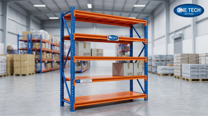 Cấu tạo kệ trung tải sắt gồm chân trụ thanh beam và mâm tầng