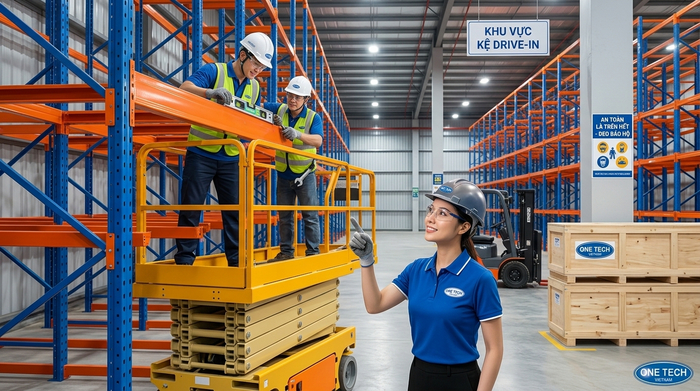 Căn chỉnh khung kệ drive-in Căn chỉnh khung kệ drive-in trong quá trình lắp đặt