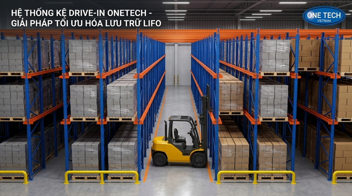 Xe nâng vận hành trong lòng kệ drive-in Xe nâng di chuyển vào lòng kệ drive-in để xuất nhập pallet