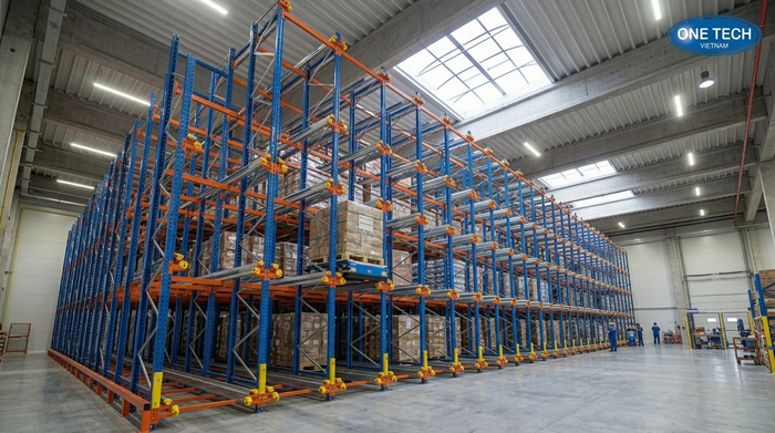 Mô phỏng hệ thống kệ Radio Shuttle Hà Nội dùng robot đưa pallet vào sâu trong kho