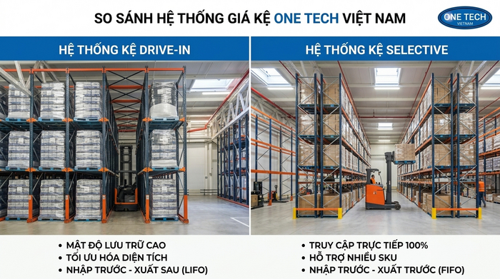 So sánh kệ drive in và kệ selective So sánh kệ drive in và kệ selective trong kho pallet