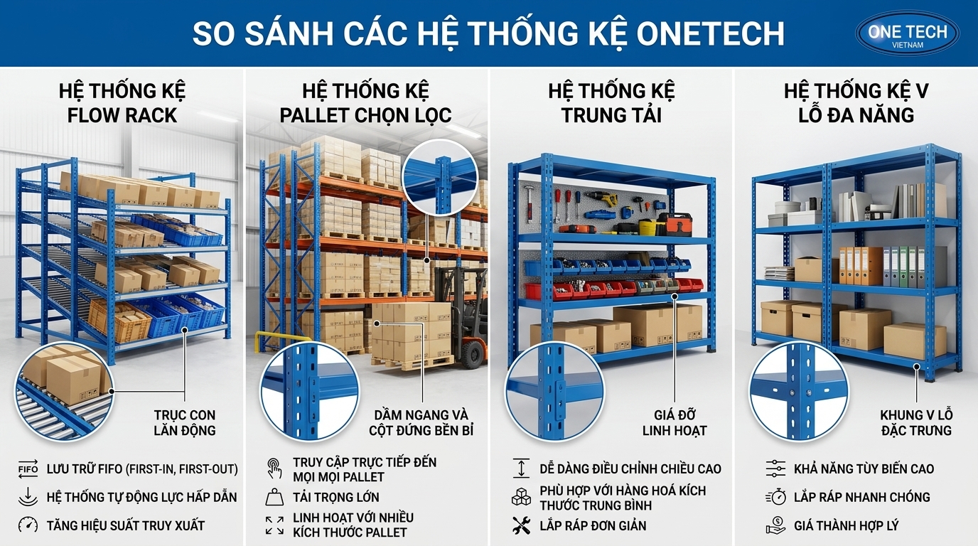 So sánh kệ flowrack với kệ selective, kệ trung tải và kệ tôn lỗ