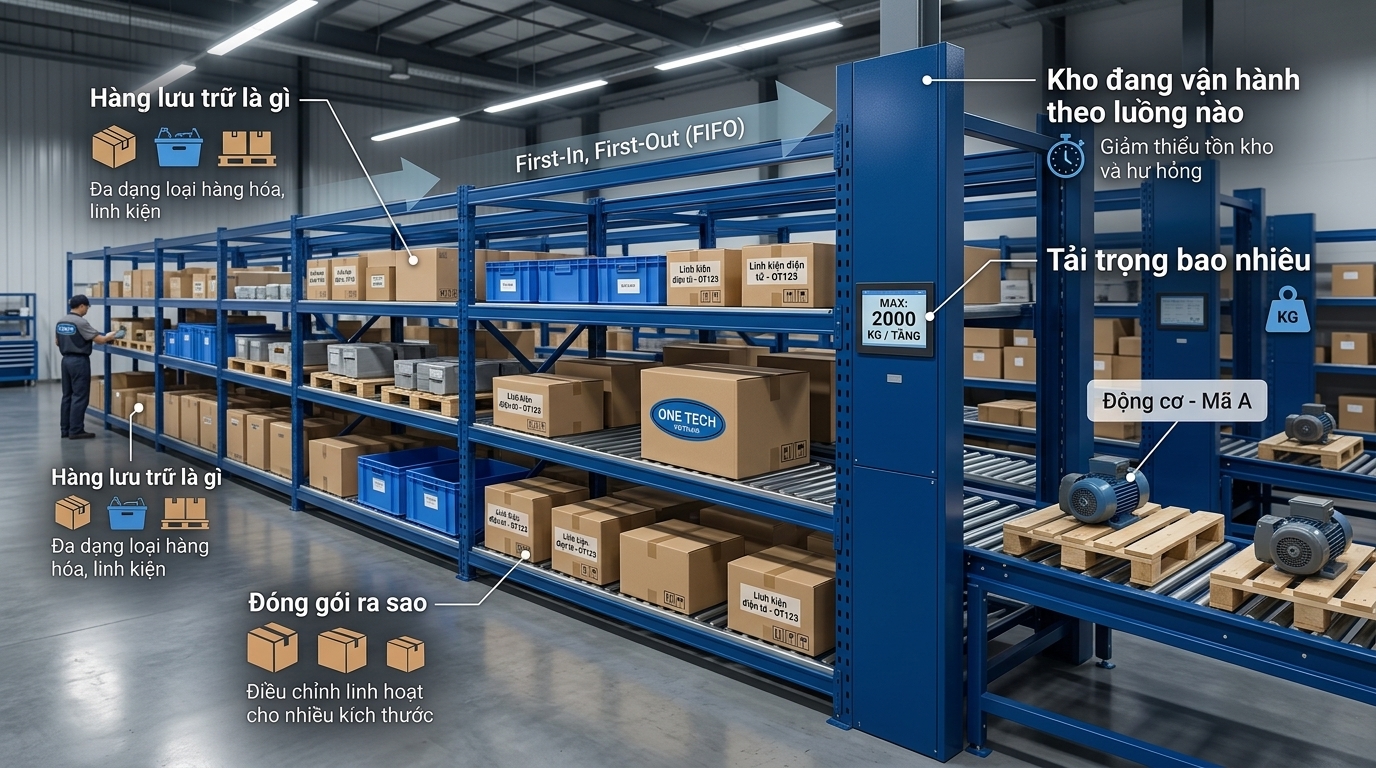 Các thông số cần xác định khi thiết kế kệ con lăn flow rack