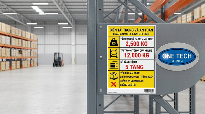 Biển cảnh báo tải trọng trên kệ kho thông minh giúp vận hành an toàn