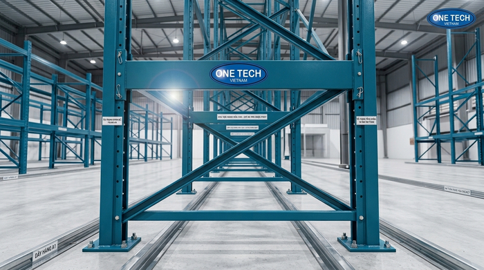 Cấu tạo kệ narrow aisle gồm khung beam chân đế và giằng chịu lực