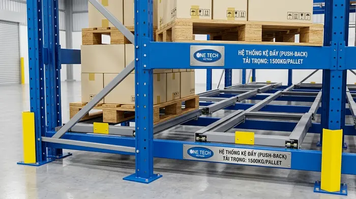 Cấu tạo kệ push back Hà Nội với khung kệ ray trượt và pallet