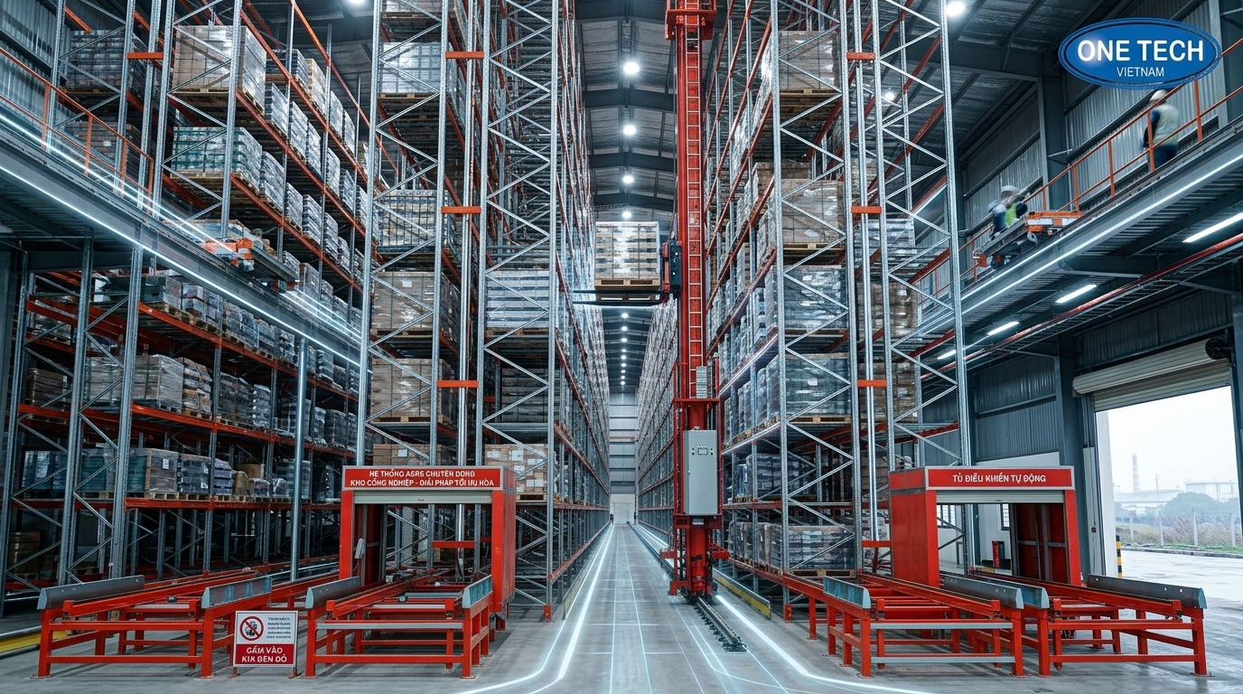 Cấu tạo hệ thống kệ kho ASRS Hà Nội gồm kệ thép, thiết bị nâng tự động và phần mềm quản lý kho