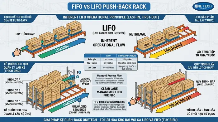 Sơ đồ so sánh FIFO và LIFO trên hệ kệ push back