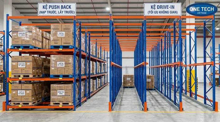 So sánh kệ push back và drive in cho kho pallet