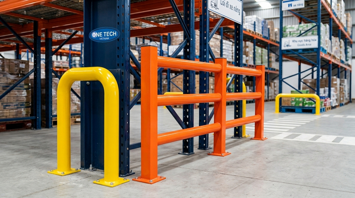 Phụ kiện an toàn kệ Selective Hà Nội gồm bảo vệ chân trụ và rào chắn đầu dãy