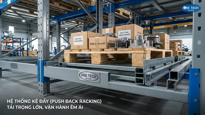 Ray trượt và xe trượt trong hệ kệ push back pallet