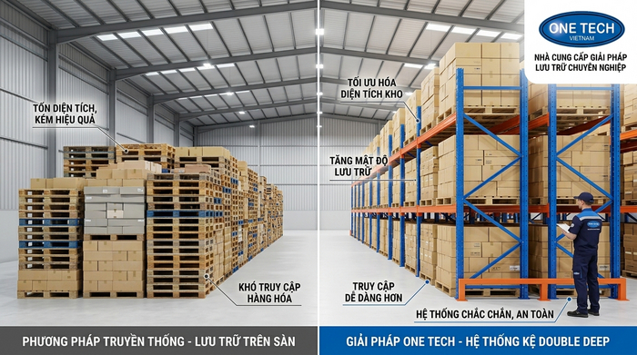 So sánh kệ Double Deep và phương án xếp pallet dưới nền