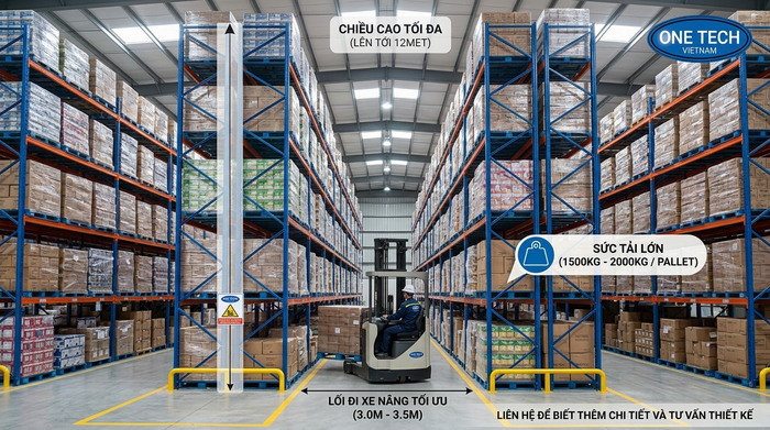 Thông số kỹ thuật kệ Selective Hà Nội gồm tải trọng chiều cao và lối đi xe nâng