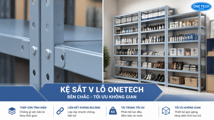 Cấu tạo kệ sắt lỗ nhẹ với chân trụ mâm tầng và bulong