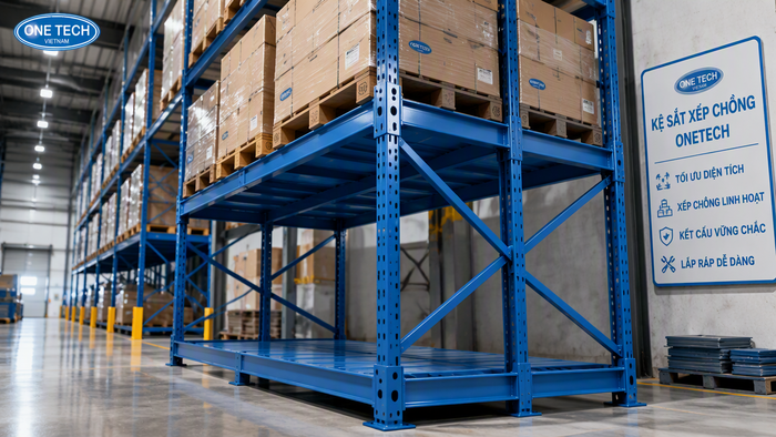 Cấu tạo kệ xếp chồng chịu lực gồm khung đáy, chân trụ và thanh giằng