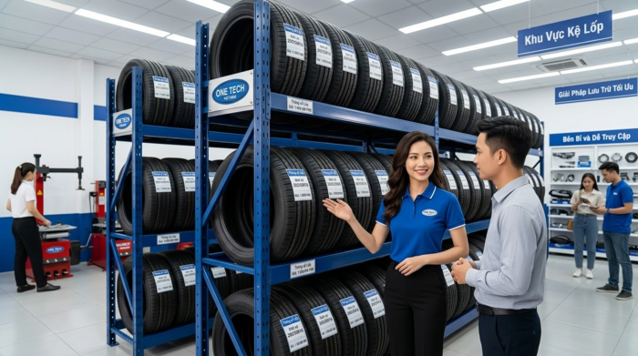 Kệ để lốp xe Hà Nội trong cửa hàng phụ tùng ô tô