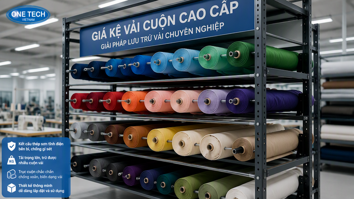 Kệ để vải cuộn dạng trục đỡ cho xưởng may