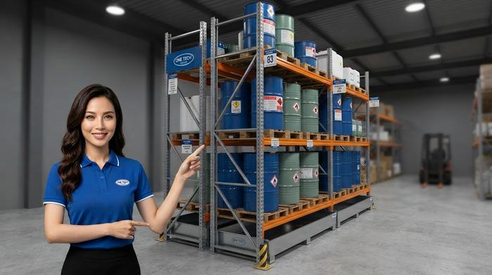 Hệ thống kệ kho hóa chất Hà Nội trong kho công nghiệp