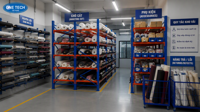Kệ kho may mặc phân khu vải cuộn và phụ liệu