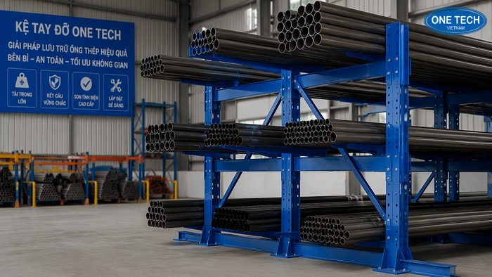 Kết cấu kệ để ống thép chịu tải cao Kết cấu kệ để ống thép chịu tải cao với tay đỡ và giằng