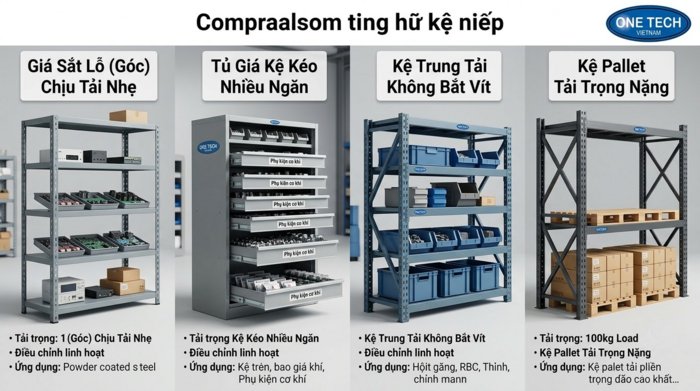 Bảng so sánh kệ kho linh kiện điện tử Hà Nội So sánh các loại kệ kho linh kiện điện tử tại Hà Nội