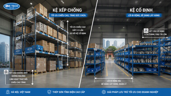 So sánh kệ xếp chồng và kệ cố định trong kho Hà Nội