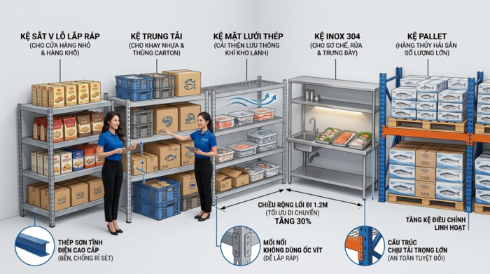 Bản vẽ bố trí kệ kho thủy hải sản tối ưu lối đi và mật độ lưu trữ