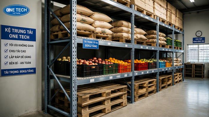 Hệ thống kệ kho nông sản Hà Nội trong kho chứa bao tải và pallet