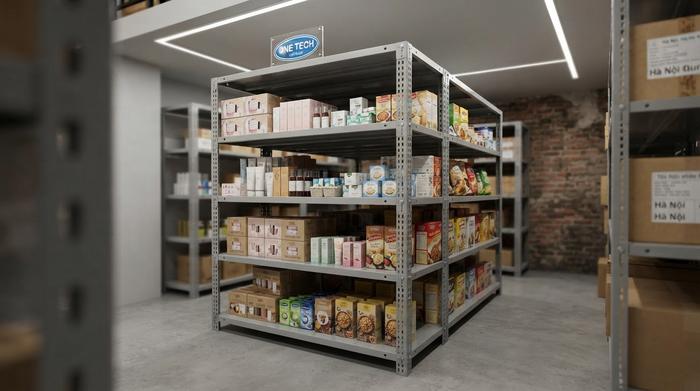 Kệ tôn lỗ Hà Nội cho kho FMCG nhỏ Kệ tôn lỗ Hà Nội dùng cho kho FMCG nhỏ và hàng nhẹ