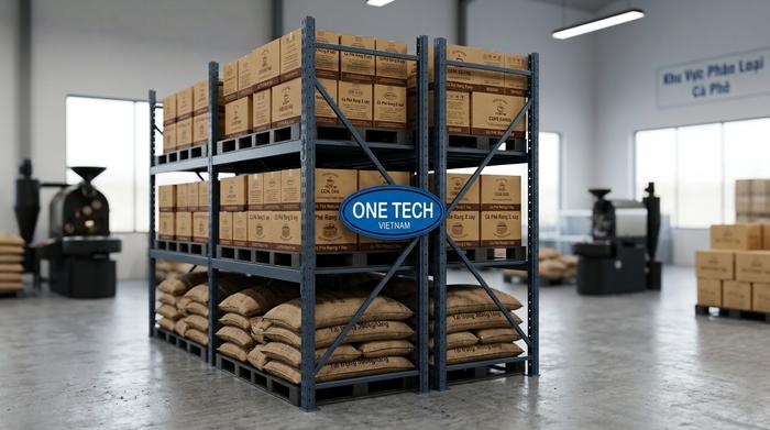 Kệ trung tải chứa bao cà phê Kệ trung tải chứa bao cà phê và thùng carton cho kho rang xay tại Hà Nội