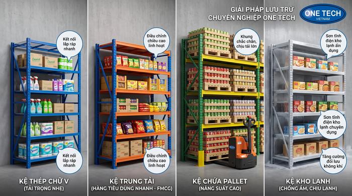 Bảng so sánh kệ kho siêu thị Hà Nội So sánh các loại kệ kho siêu thị Hà Nội theo tải trọng và diện tích