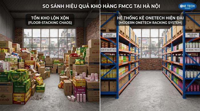 So sánh xếp sàn và dùng kệ kho FMCG So sánh xếp hàng dưới sàn và sử dụng kệ kho FMCG Hà Nội