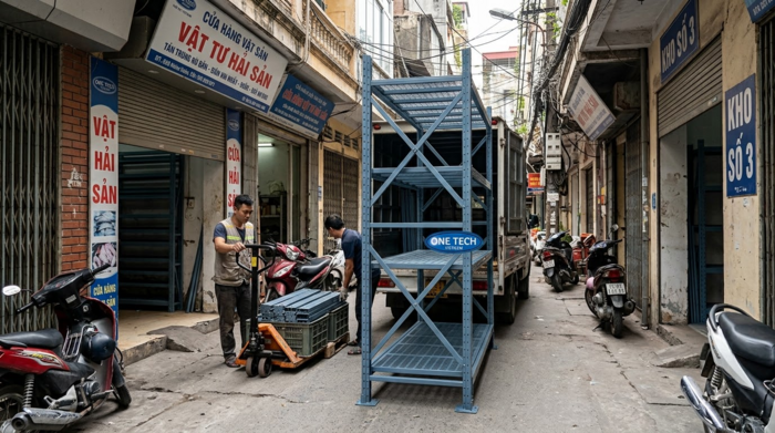 Vận chuyển kệ kho thủy hải sản bằng xe chuyên dụng vào ngõ nhỏ Hà Nội