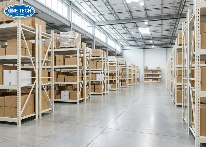 Kệ v lỗ màu trắng tại Hà Nội mang lại không gian kho hàng thoáng sáng